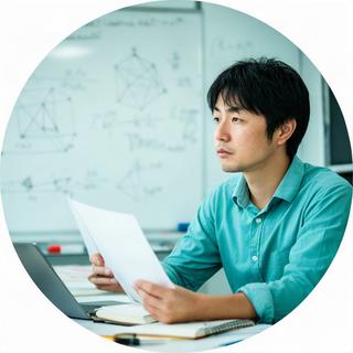 機械学習の資料を確認する男性CTOと計算式が書かれたホワイトボード