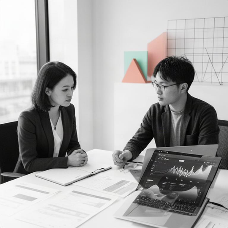 府中の仕事場で家計データを確認する金融プランナーとAIエンジニア