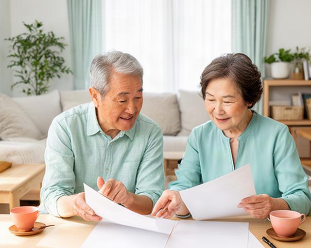 府中の明るい居間で年金の書類を見ながら話すシニア夫婦