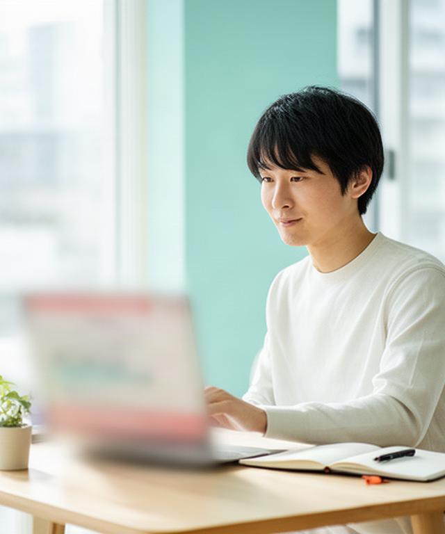 府中の明るい部屋でノートパソコンの返済計画を確認する20代会社員
